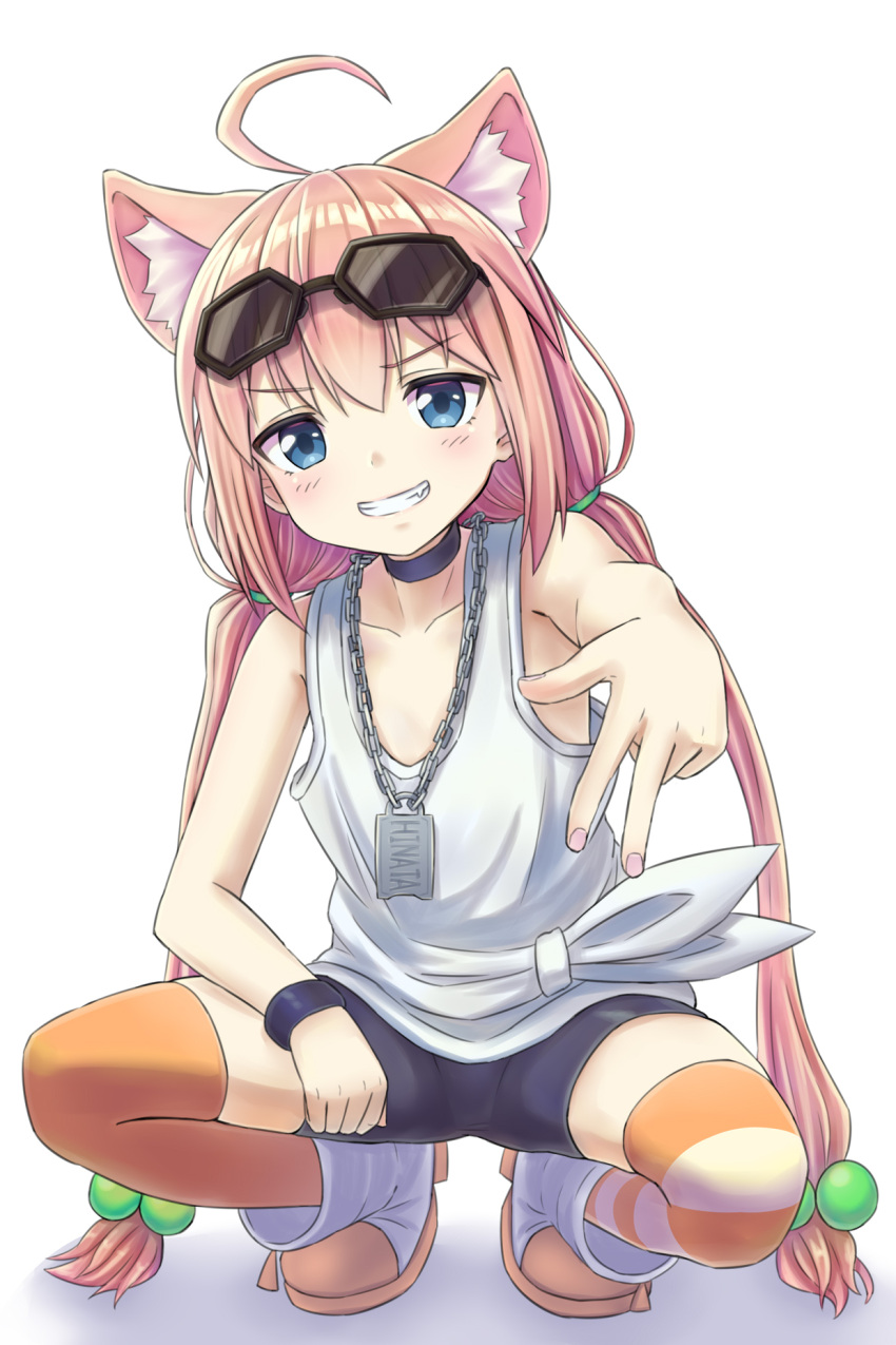 1girl ahoge animal_ear_fluff animal_ears bangs bare_shoulders bike_shorts black_choker black_shorts blue_eyes blush boots cat_ears chains character_name choker collarbone eyebrows_visible_through_hair eyewear_on_head fang fingernails grin hair_between_eyes hair_bobbles hair_ornament highres hinata_channel jd_(bibirijd) long_hair mismatched_legwear nail_polish nekomiya_hinata orange_legwear pink_hair pink_nails short_shorts shorts smile solo squatting striped striped_legwear sunglasses tank_top thigh-highs twintails very_long_hair virtual_youtuber white_footwear white_tank_top