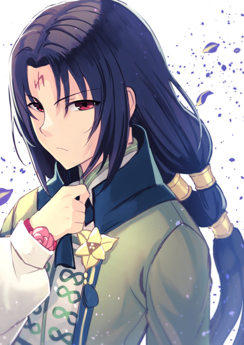 1boy black_hair blush book cape facial_mark fire_emblem fire_emblem:_souen_no_kiseki fire_emblem_heroes headband highres long_hair male_focus nakabayashi_zun nintendo red_eyes solo soren