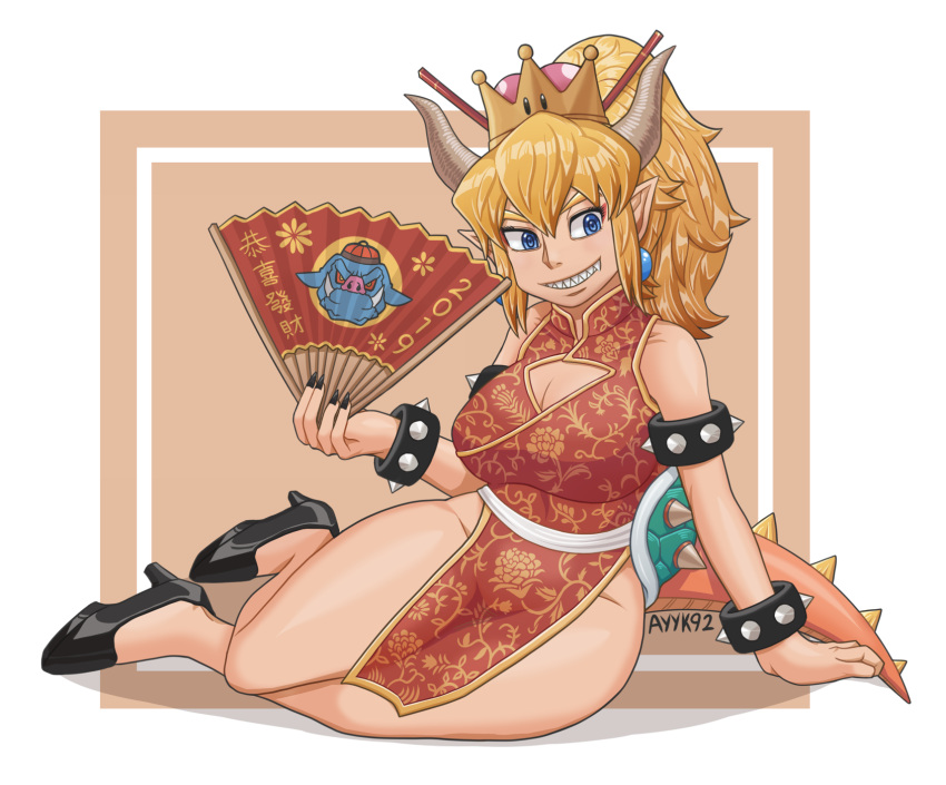 1girl ayyk92 black_nails blonde_hair blue_earrings borrowed_design bowser bowsette bracelet china_dress chinese_clothes chinese_new_year collar crown dress fan ganon highres horns jewelry super_mario_bros. nail_polish new_super_mario_bros._u_deluxe nintendo sharp_teeth spiked_armlet spiked_bracelet spiked_collar spiked_shell spiked_tail spikes super_crown super_mario_bros. tail teeth turtle_shell