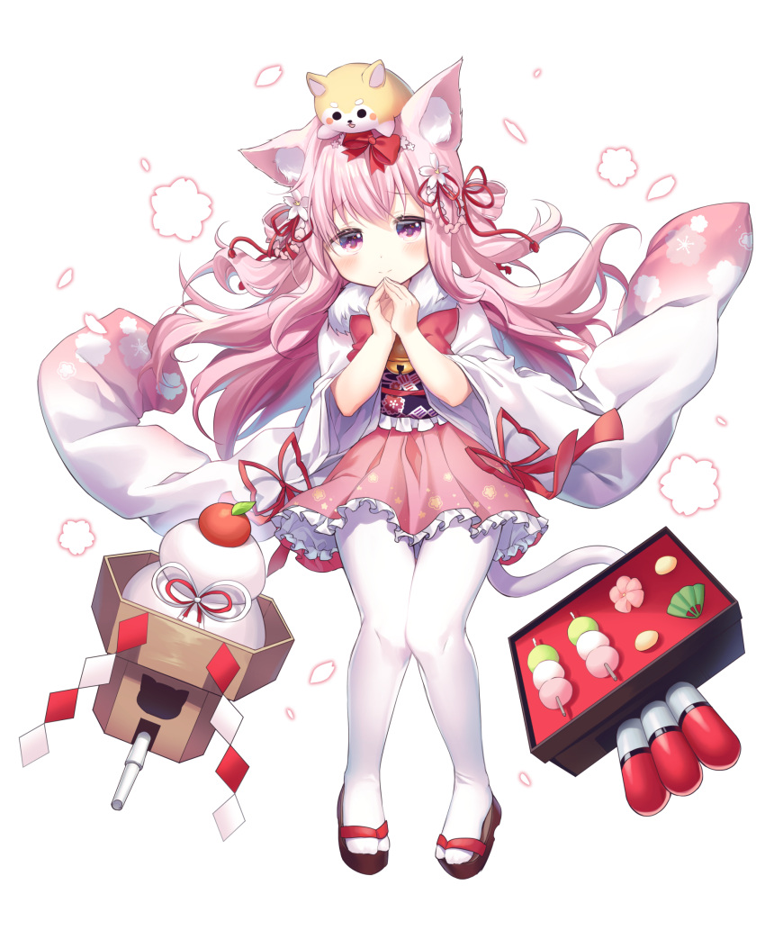 1girl absurdres alpha_(ypalpha79) animal_ears azur_lane bangs bell blush bow cat_ears cat_tail cherry_blossoms closed_mouth commentary dog dot_nose eyebrows_visible_through_hair eyes_visible_through_hair floating_hair floral_print flower food frilled_kimono frilled_obi frills fruit full_body fur_collar hair_between_eyes hair_bow hair_flower hair_ornament hair_ribbon hair_rings hands_up highres japanese_clothes jingle_bell kimono kisaragi_(azur_lane) knees_together_feet_apart long_hair long_sleeves looking_at_viewer mandarin_orange mochi obi orange own_hands_together pantyhose petals pigeon-toed pink_eyes pink_hair pink_kimono red_bow red_ribbon ribbon sash shiba_inu shide short_kimono simple_background smile standing symbol_commentary tabi tachi-e tail tareme torpedo turret wagashi white_background white_legwear wide_sleeves