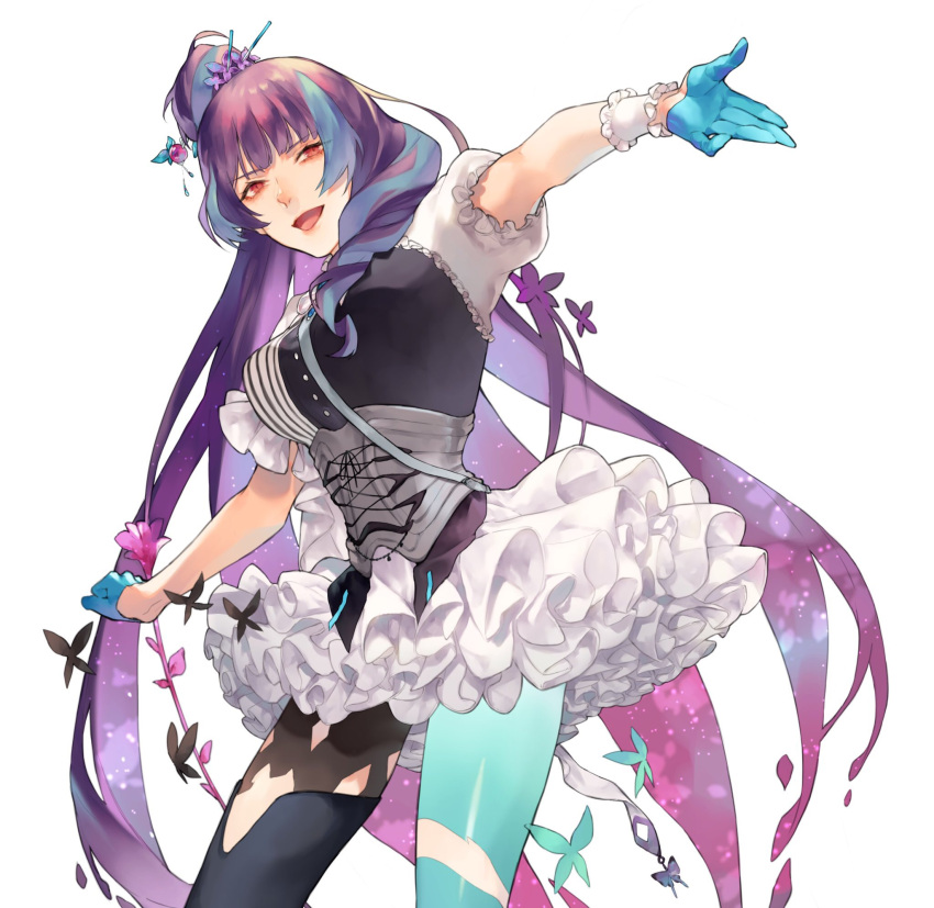 1girl :d bangs black_footwear blue_gloves blue_legwear boots corset floating_hair gloves half_gloves highlights highres layered_skirt long_hair looking_at_viewer macross macross_delta mikumo_guynemer miniskirt multicolored_hair open_mouth outstretched_arms purple_hair red_eyes shiny shiny_clothes short_sleeves simple_background single_boot single_leg_pantyhose skirt smile solo standing thigh-highs thigh_boots very_long_hair white_background white_skirt wrist_cuffs yokuni_(yokunill001121)