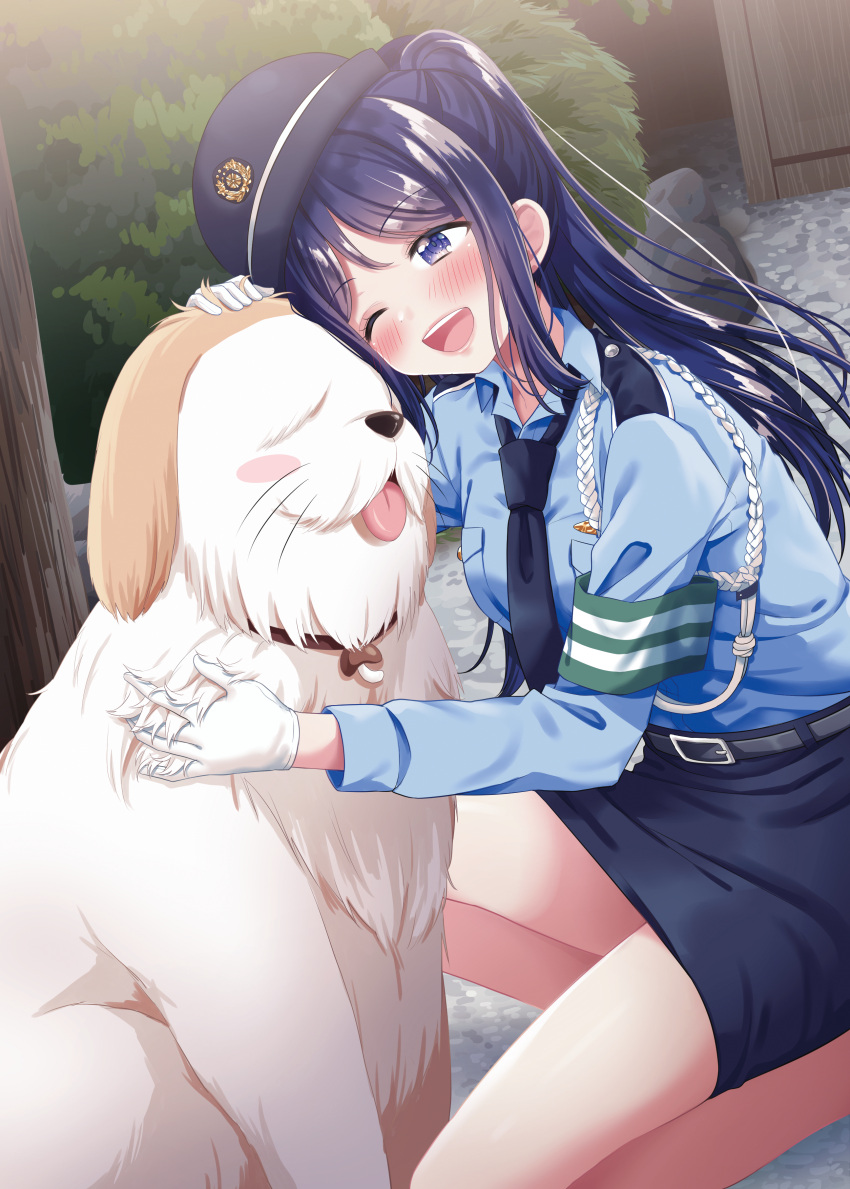 1girl ;d absurdres animal armband bare_legs belt blue_eyes blue_neckwear blue_shirt blue_skirt blush blush_stickers breast_pocket bush collared_shirt commentary_request dog gloves hat highres hina_(hinalovesugita) long_hair love_live! love_live!_sunshine!! matsuura_kanan navy_blue_neckwear navy_blue_skirt necktie one_eye_closed open_mouth outdoors pencil_skirt petting pocket police police_hat police_uniform policewoman ponytail shiitake_(love_live!_sunshine!!) shirt sidelocks skirt smile solo squatting tongue tongue_out uniform white_gloves