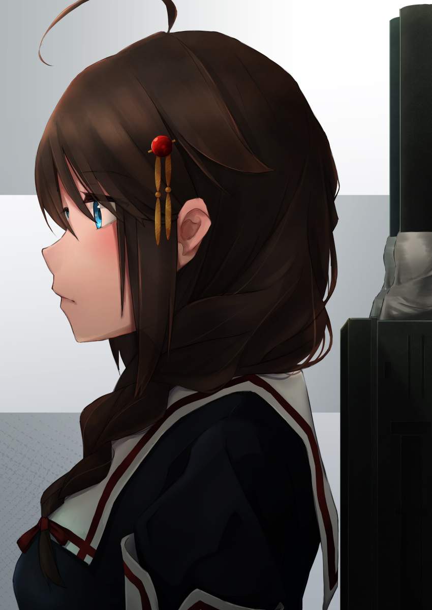 1girl absurdres ahoge black_serafuku blue_eyes braid brown_hair eyebrows_visible_through_hair from_side hair_flaps hair_ornament hair_over_shoulder hair_ribbon highres kantai_collection kumanoko long_hair machinery remodel_(kantai_collection) ribbon school_uniform serafuku shigure_(kantai_collection) single_braid solo