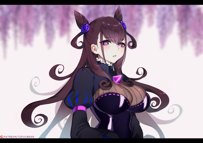 1girl bangs black_dress blush breasts brown_hair collar double_bun dress eyebrows_visible_through_hair fate/grand_order fate_(series) frilled_collar frills gem hair_between_eyes hair_ornament large_breasts long_hair long_sleeves looking_at_viewer murasaki_shikibu_(fate) parted_lips puffy_long_sleeves puffy_sleeves solo striped tofuubear two_side_up upper_body vertical_stripes very_long_hair violet_eyes