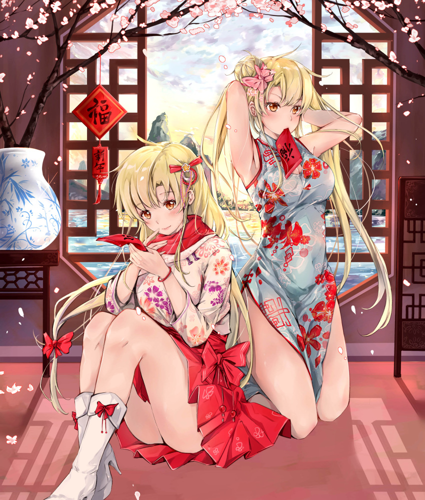 2girls absurdres adjusting_hair armpits arms_behind_head arms_up ass bare_arms bare_shoulders blonde_hair boots bow breasts cherry_blossoms china_dress chinese_clothes chinese_new_year cleavage cleavage_cutout closed_mouth clouds cloudy_sky commentary_request covered_navel day dress floral_print grey_dress hair_bow hair_bun hair_ribbon hands_up high_heel_boots high_heels highres hmw_(pixiv7054584) indoors kneeling knees_up langrisser long_hair long_sleeves looking_at_viewer medium_breasts mouth_hold multiple_girls orange_eyes pelvic_curtain petals pink_ribbon red_bow red_skirt ribbon side_slit sidelocks sitting skirt sky sleeveless sleeveless_dress smile thighs tree vase very_long_hair white_dress white_footwear
