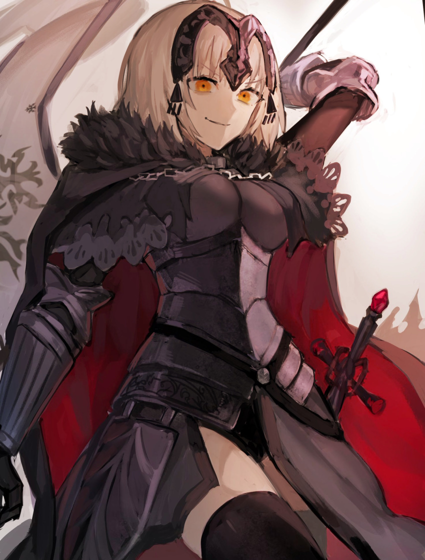 ahoge armor armored_dress bangs black_dress breasts cape chains commentary_request dress eyebrows_visible_through_hair fate/apocrypha fate/grand_order fate_(series) flag fur-trimmed_cape fur_collar fur_trim gauntlets headpiece highres jeanne_d'arc_(alter)_(fate) jeanne_d'arc_(fate)_(all) large_breasts ririkonosukee short_hair silver_hair sword thigh-highs tsurime weapon yellow_eyes