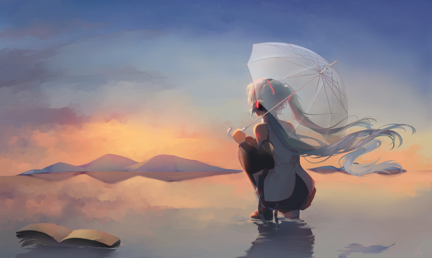 1girl bare_shoulders black_footwear black_legwear black_skirt black_sleeves blue_hair boots clouds cloudy_sky commentary_request detached_sleeves facing_away hair_ornament hatsune_miku headphones highres holding holding_umbrella horizon long_hair long_sleeves mountain outdoors pleated_skirt saihate_(d3) shirt skirt sky sleeveless sleeveless_shirt solo squatting sunlight thigh-highs thigh_boots transparent transparent_umbrella twintails umbrella very_long_hair vocaloid water white_shirt