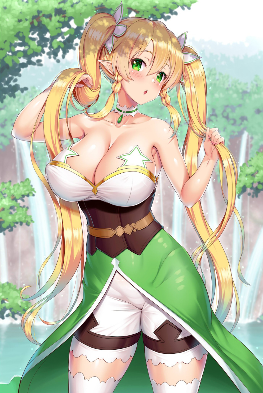 1girl bare_shoulders blonde_hair blush braid breasts choker cleavage eyebrows_visible_through_hair green_eyes hair_between_eyes highres kawase_seiki large_breasts leafa long_hair looking_at_viewer open_mouth pointy_ears solo sword_art_online thigh-highs tree twintails water waterfall white_legwear