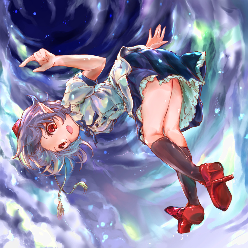 1girl arms_up bending_forward black_legwear black_skirt blue_ribbon clouds cloudy_sky flying from_below geta hat highres ikazuchi_akira index_finger_raised kneehighs light_particles looking_at_viewer messy_hair neck_ribbon night no_wings open_mouth outdoors petticoat pointy_ears puffy_short_sleeves puffy_sleeves purple_hair red_eyes red_footwear ribbon shameimaru_aya shirt short_hair short_sleeves skirt sky solo tengu-geta tokin_hat touhou untucked_shirt white_shirt