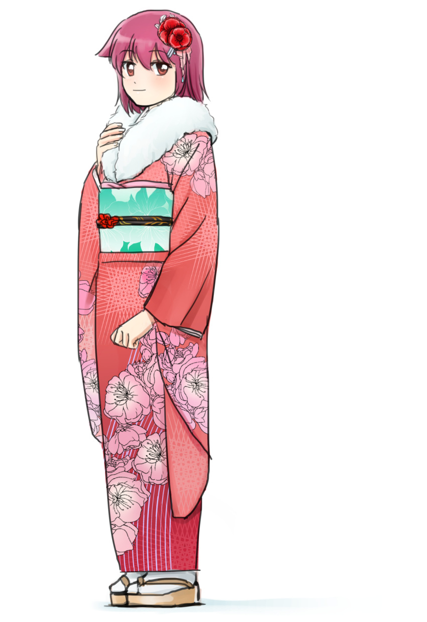 1girl artist_request flower highres japanese_clothes kimono looking_at_viewer miyanaga_teru pink_hair saki short_hair smile solo