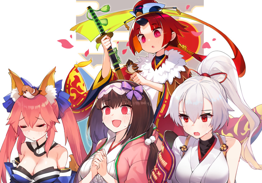 4girls @_@ animal animal_ears animal_on_head apron benienma_(fate/grand_order) bird bird_on_head breasts brown_hair cleavage crying fate/extella fate/extra fate/grand_order fate/stay_night fate_(series) fox_ears highres jehyun katana large_breasts low_ponytail mitsudomoe_(shape) multiple_girls on_head osakabe-hime_(fate/grand_order) petals pink_eyes pink_hair ponytail red_eyes sad silver_hair sparrow sword tamamo_(fate)_(all) tamamo_no_mae_(fate) tears tomoe_(symbol) tomoe_gozen_(fate/grand_order) twintails type-moon weapon wide_sleeves you_gonna_get_raped