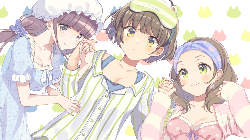 3girls arai_minamo bangs blue_bow blue_dress blunt_bangs bow breasts brown_eyes brown_hair cleavage dress end_card frown green_eyes hair_bow hair_ornament hair_scrunchie hand_holding hat highres himote_house himote_kinami himote_kokoro long_sleeves mask mask_on_head medium_breasts mob_cap multiple_girls official_art pink_pajamas scrunchie shigure_ui short_hair short_sleeves simple_background sleep_mask small_breasts smile striped upper_body vertical_stripes white_background