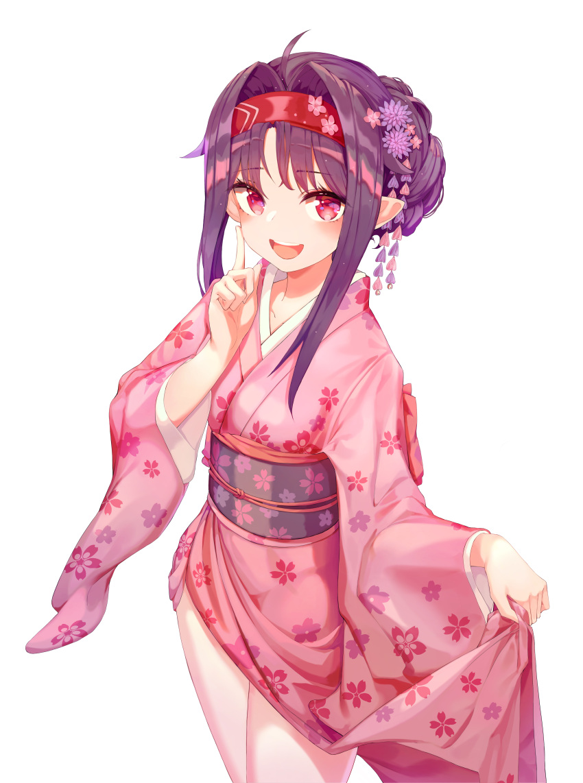 1girl absurdres ahoge alternate_costume alternate_hairstyle braid clothes_lift floral_print flower french_braid from_above hair_flower hair_ornament hair_up hairband hand_on_own_cheek happy highres index_finger_raised japanese_clothes kimono kimono_lift light_particles looking_at_viewer looking_up munseonghwa obi open_mouth purple_hair red_eyes sash simple_background smile solo sword_art_online white_background yuuki_(sao)