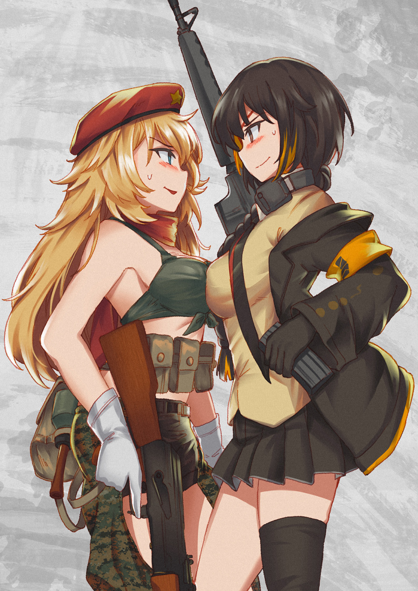 2girls ak47_(girls_frontline) armband bangs belt_pouch beret black_legwear blonde_hair blue_eyes bra braid breasts brown_hair camouflage camouflage_shorts clip coat commentary_request cowboy_shot explosive eyepatch girls_frontline gloves green_bra grenade grey_background gun hat highres jacket long_hair m16a1 m16a1_(girls_frontline) multicolored_hair multiple_girls open_clothes open_coat persocon93 pleated_skirt pouch red_scarf scarf shorts single_thighhigh skirt smile streaked_hair thigh-highs trigger_discipline underwear vest weapon yellow_vest