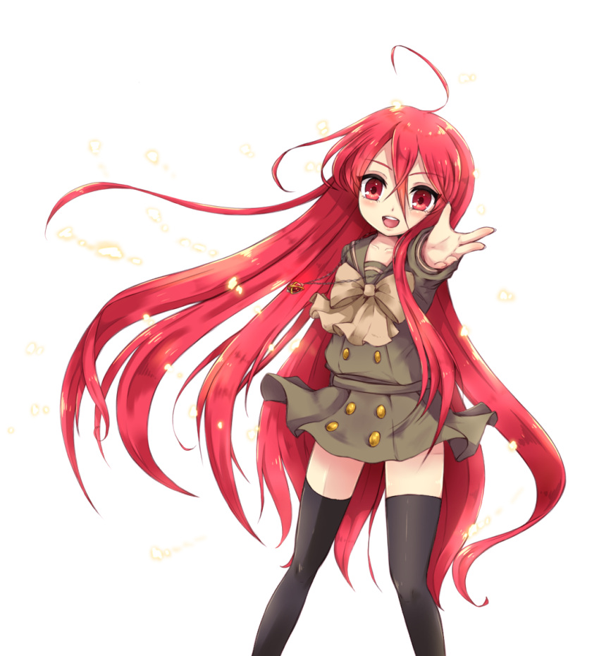 1girl :d ahoge alastor_(shakugan_no_shana) black_legwear bow collarbone floating_hair grey_bow grey_neckwear hair_between_eyes jewelry long_hair looking_at_viewer miniskirt necklace open_mouth ortensia_ix pleated_skirt red_eyes redhead school_uniform shakugan_no_shana shana shiny shiny_clothes shiny_hair shirt short_sleeves simple_background skirt smile solo standing thigh-highs very_long_hair white_background zettai_ryouiki