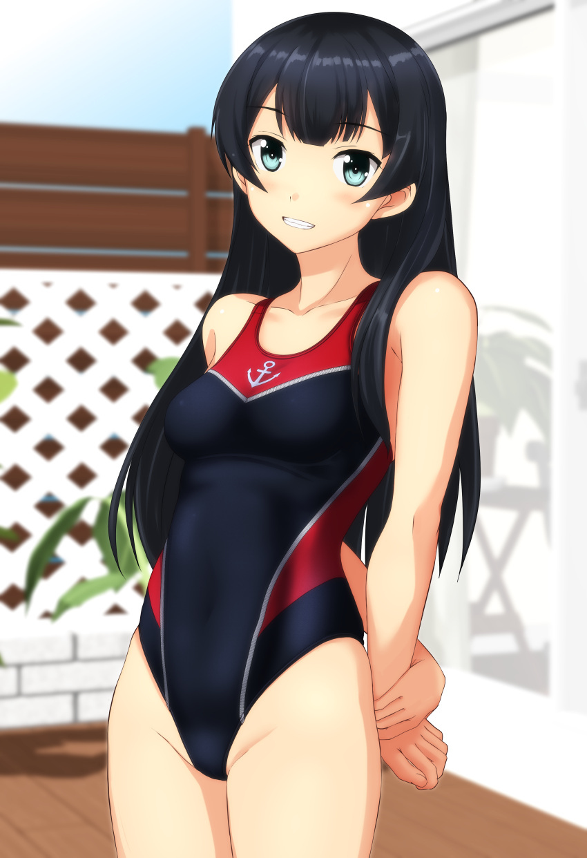 1girl absurdres agano_(kantai_collection) anchor_print black_hair black_swimsuit blue_eyes breasts competition_swimsuit covered_navel cowboy_shot fence highleg highleg_swimsuit highres kantai_collection long_hair multicolored multicolored_clothes multicolored_swimsuit one-piece_swimsuit red_swimsuit small_breasts solo standing swimsuit takafumi