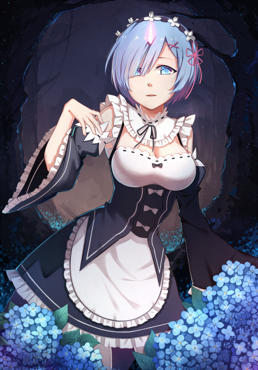 1girl ayan black_bow blue_eyes blue_flower blue_hair bow breasts cleavage commentary_request cowboy_shot detached_sleeves dress flower forest frills hair_ornament hair_over_one_eye hair_ribbon highres large_breasts looking_at_viewer maid maid_headdress nature outdoors pink_ribbon re:zero_kara_hajimeru_isekai_seikatsu rem_(re:zero) ribbon short_hair solo standing tree wide_sleeves x_hair_ornament