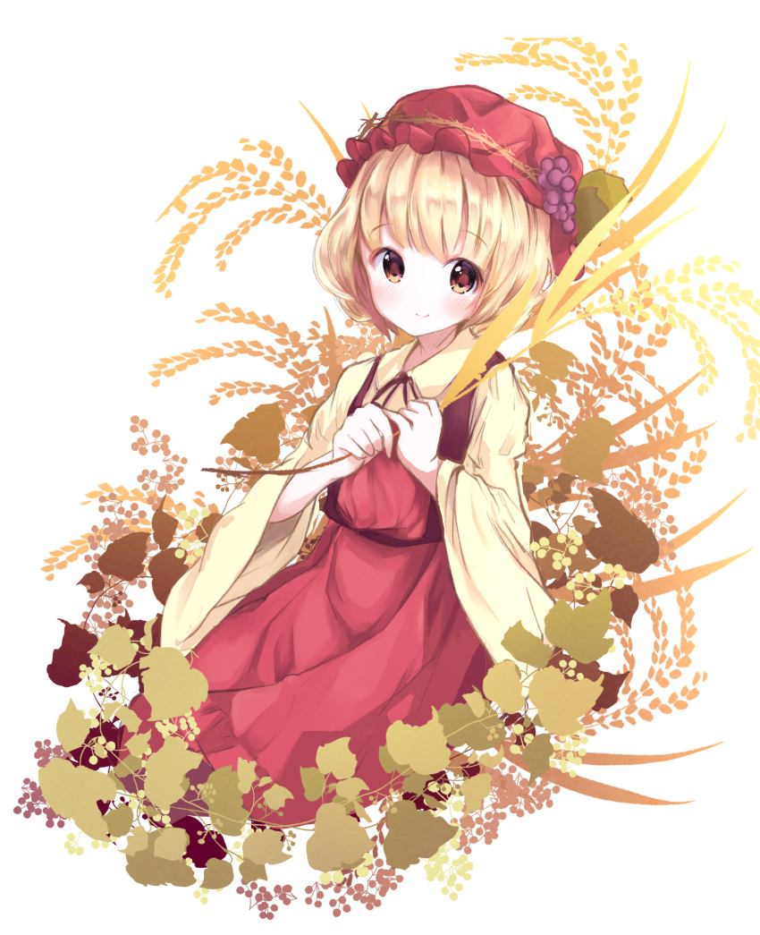 1girl aki_minoriko apron bangs blonde_hair blush cropped_legs eyebrows_visible_through_hair food fruit grapes hat head_tilt highres holding_plant leaf long_sleeves looking_at_viewer mob_cap neck_ribbon nekomarieru reclining red_apron ribbon rice_stalk shirt short_hair smile solo standing touhou white_background wide_sleeves yellow_eyes yellow_shirt