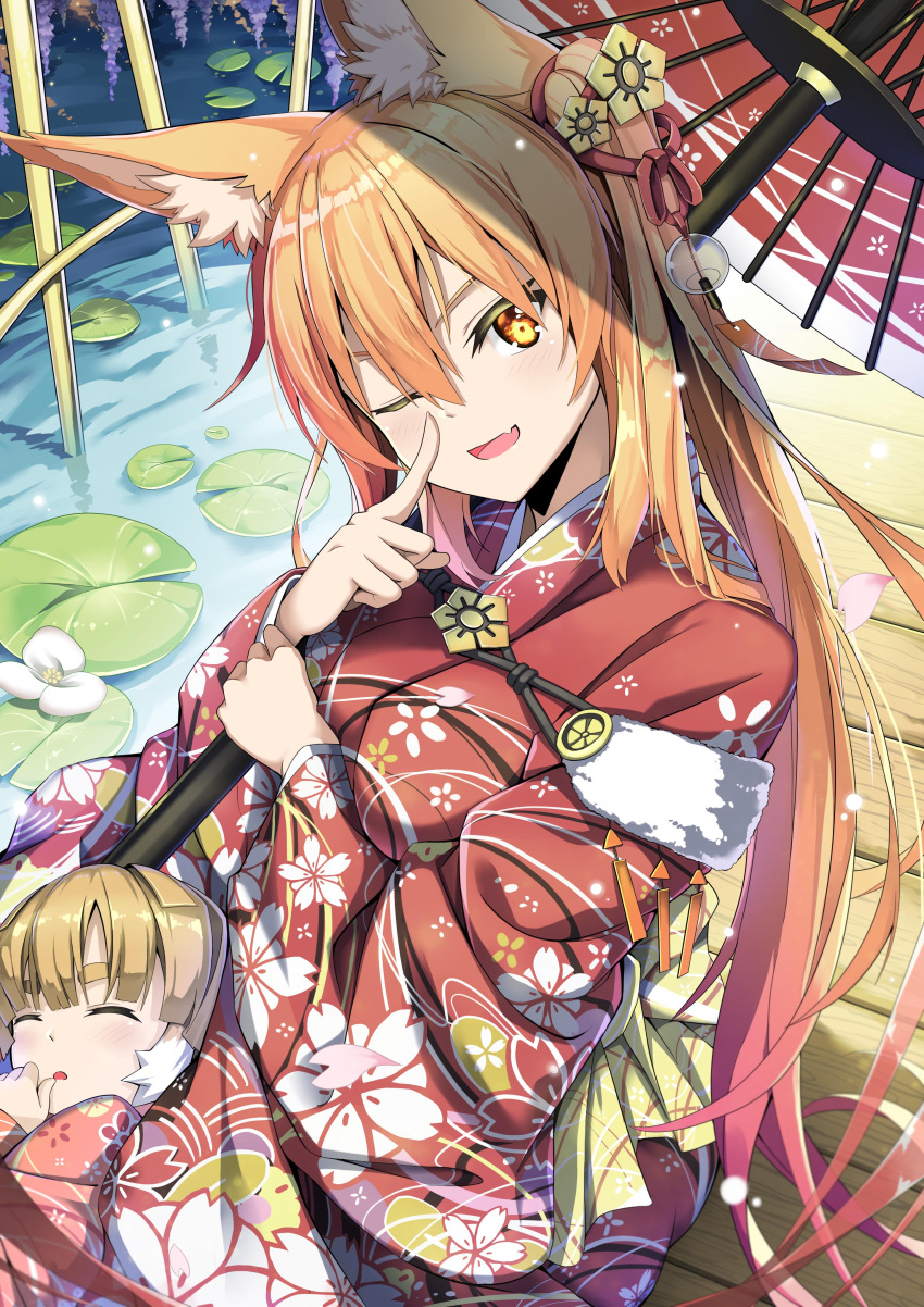 2girls ;d absurdres animal_ears bangs blonde_hair breasts commentary_request day fang finger_to_face floral_print flower fox_ears hair_between_eyes hair_ornament hand_up head_tilt highres holding holding_umbrella index_finger_raised japanese_clothes jie_laite kimono lily_(flower) lily_pad long_hair long_sleeves looking_at_viewer medium_breasts multiple_girls one_eye_closed open_mouth oriental_umbrella original outdoors parasol parted_lips pier print_kimono purple_flower red_kimono shiny shiny_hair sidelocks sitting sleeping smile sunlight thick_eyebrows twintails umbrella very_long_hair water white_flower wind_chime yellow_eyes