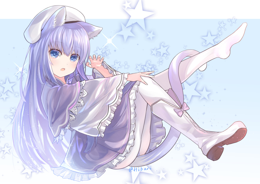 1girl animal_ears blue_eyes boots cat_ears cat_tail claw_pose dress from_side full_body hand_on_own_knee hat hibari_hina highres knee_boots knee_up leaning_back leg_up legs long_hair open_mouth original pantyhose purple_dress purple_hair single_boot sitting solo tail tail_wrap white_footwear white_legwear