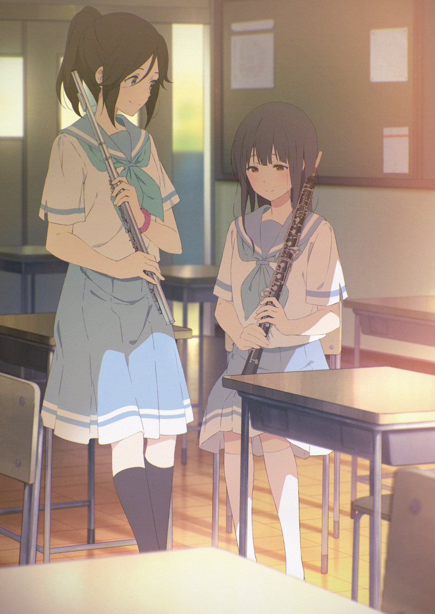 2girls absurdres black_hair blue_sailor_collar blush classroom desk flute hibike!_euphonium highres indoors instrument kasaki_nozomi liz_to_aoi_tori long_hair multiple_girls neckerchief oboe pleated_skirt ponytail red_eyes sailor_collar school_uniform serafuku skirt smile tesseract_(retr0_0o) yoroizuka_mizore