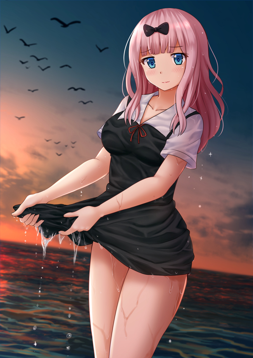 1girl bangs bird black_bow black_dress blue_eyes blunt_bangs bow breasts closed_mouth clouds collarbone collared_dress commentary dress dutch_angle english_commentary eyebrows_visible_through_hair fingernails fujiwara_chika hair_bow heart highres horizon kaguya-sama_wa_kokurasetai_~tensai-tachi_no_renai_zunousen~ kazenokaze long_hair looking_at_viewer medium_breasts neck_ribbon ocean outdoors pink_hair red_ribbon ribbon shirt short_sleeves sleeveless sleeveless_dress smile solo standing sunset water wet wet_clothes wet_dress white_shirt wringing_clothes wringing_dress