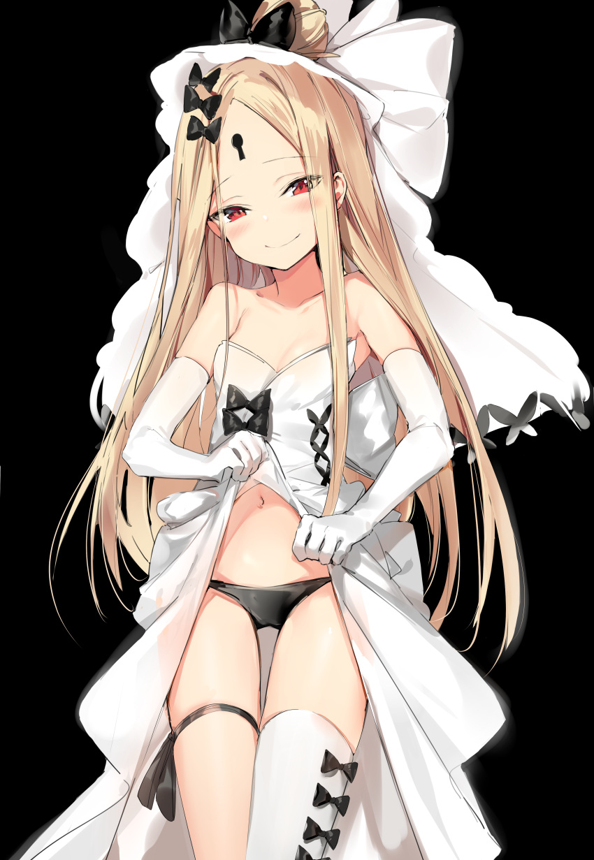 1girl abigail_williams_(fate/grand_order) absurdres alternate_hairstyle asymmetrical_legwear bangs bare_shoulders black_background black_bow black_panties blonde_hair bow closed_mouth collarbone commentary_request dress dress_lift elbow_gloves fate/grand_order fate_(series) gloves hair_bow hair_bun head_tilt highres keyhole long_hair navel panties parted_bangs red_eyes silver_(chenwen) simple_background single_thighhigh smile solo strapless strapless_dress thigh-highs underwear veil very_long_hair white_dress white_gloves white_legwear
