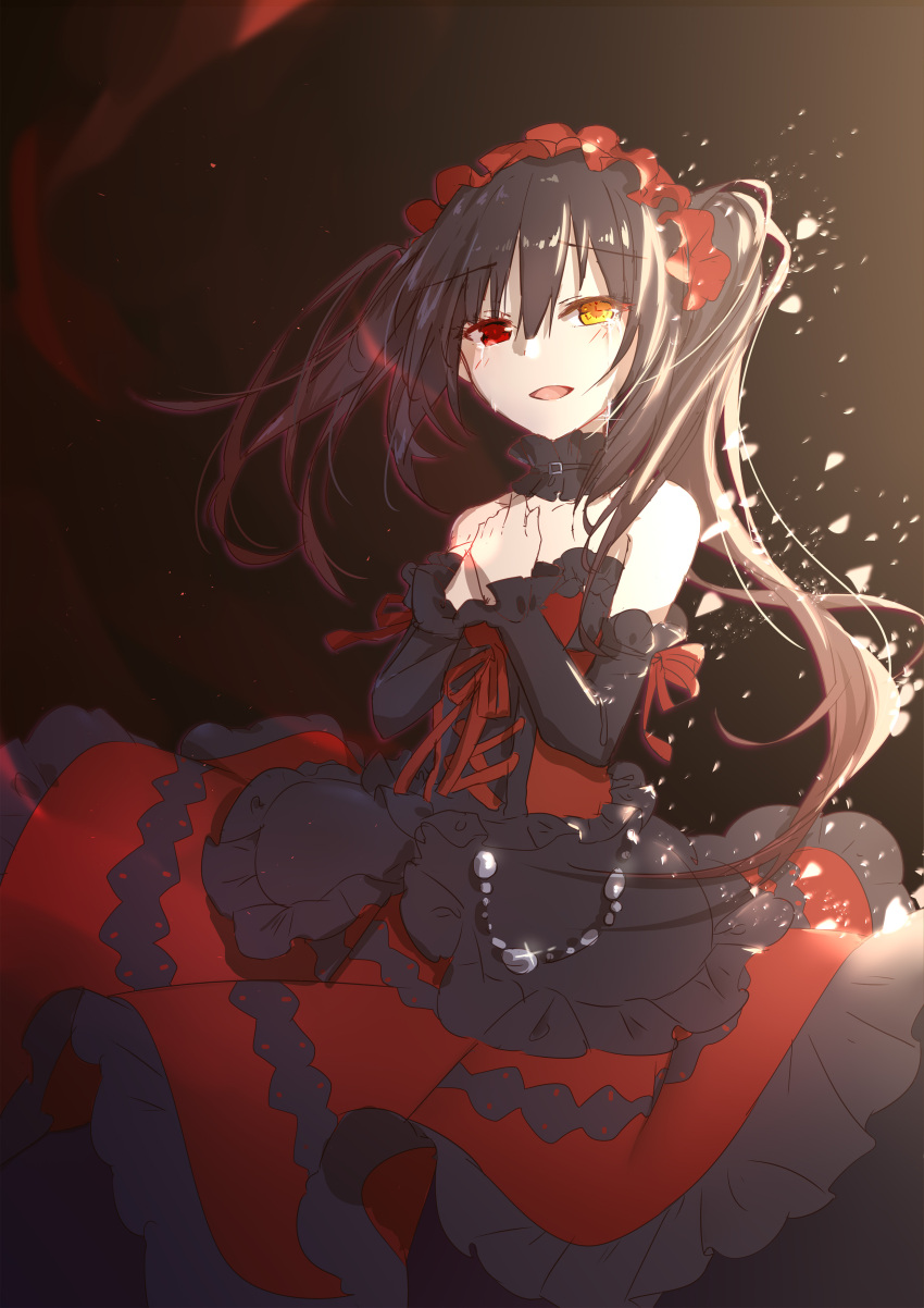 1girl :d absurdres bangs bare_shoulders black_dress black_sleeves blush brown_hair commentary_request crying crying_with_eyes_open date_a_live detached_sleeves dress eyebrows_visible_through_hair gothic_lolita hair_between_eyes hands_up highres lolita_fashion long_hair long_sleeves mo_(pixiv9929995) multicolored multicolored_clothes multicolored_dress open_mouth red_dress red_eyes sleeves_past_wrists smile solo strapless strapless_dress tears tokisaki_kurumi twintails yellow_eyes
