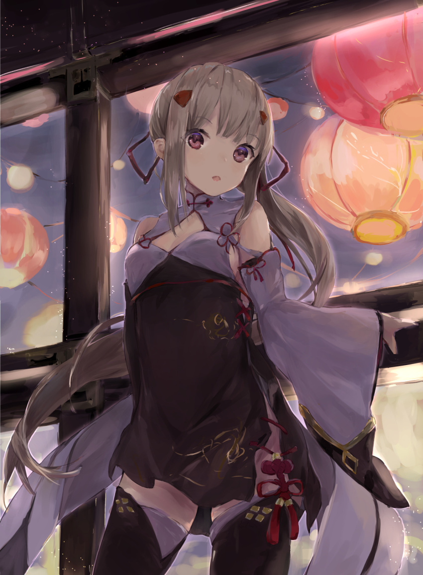 1girl ayanami_(azur_lane) azur_lane bangs bare_shoulders black_dress black_legwear brown_eyes brown_hair china_dress chinese_clothes commentary_request cowboy_shot detached_sleeves dress eyebrows_visible_through_hair hair_ornament hair_ribbon hairclip hanagin highres lantern long_hair long_sleeves looking_at_viewer paper_lantern parted_lips ponytail red_ribbon ribbon sleeveless sleeveless_dress solo thigh-highs very_long_hair white_sleeves wide_sleeves