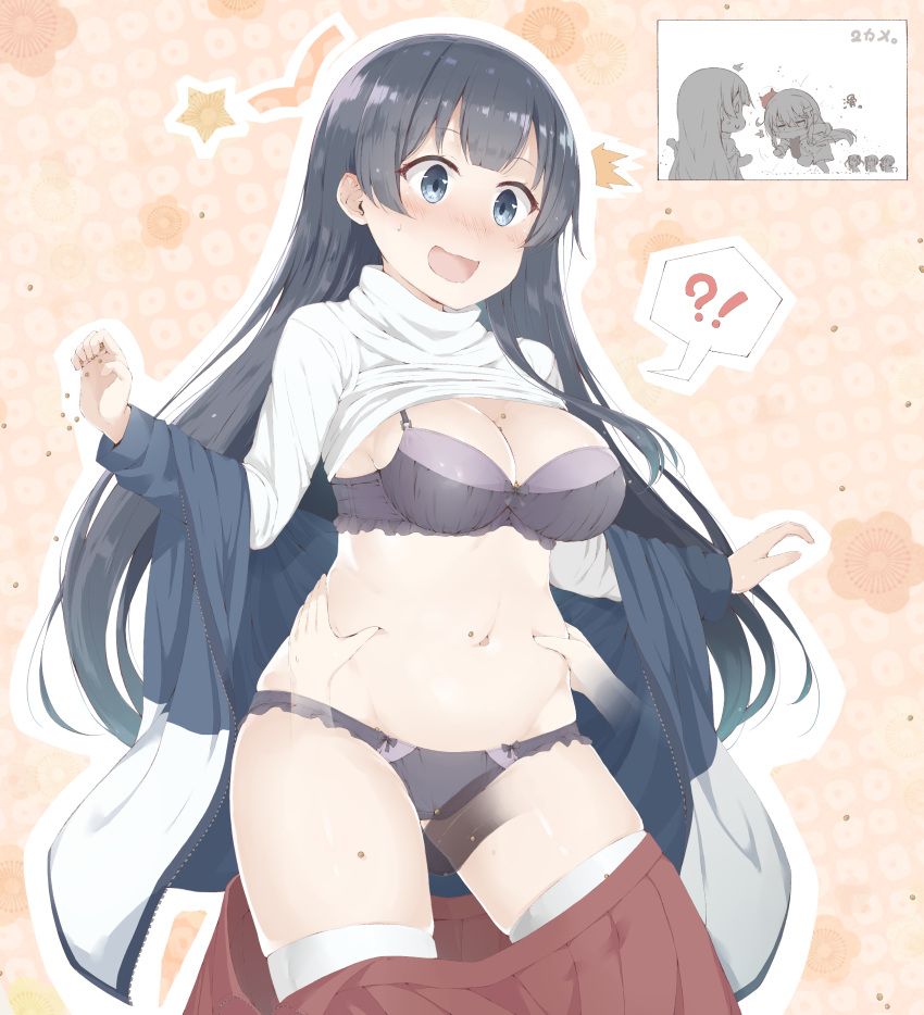 5girls absurdres agano_(kantai_collection) akebono_(kantai_collection) bangs beans black_hair blue_eyes blush bow bow_panties bra breasts chibi cleavage clothes_removed commentary_request ehoumaki eyebrows_visible_through_hair female_admiral_(kantai_collection) floral_print food frills groin hair_between_eyes highres jacket kantai_collection kasumi_(kantai_collection) large_breasts lingerie long_hair long_sleeves makizushi michishio_(kantai_collection) multiple_girls navel open_mouth panties pinching plump purple_bra purple_panties red_skirt setsubun sexually_suggestive shirt simple_background skindentation skirt standing surprised sushi sweatdrop thigh-highs underwear very_long_hair white_legwear yui_(seiga)