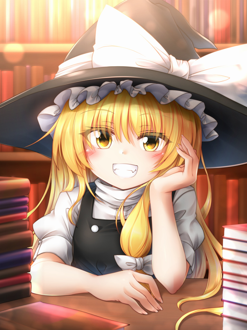 1girl bangs black_hat black_vest blonde_hair blush book book_stack bookshelf bow commentary_request elbow_rest eyebrows_visible_through_hair fangs grin hair_between_eyes hair_bow hand_up hat hat_bow highres indoors kirisame_marisa lens_flare long_hair looking_at_viewer m9kndi puffy_short_sleeves puffy_sleeves shadow shirt short_sleeves single_sidelock smile solo touhou upper_body vest white_bow white_shirt witch_hat yellow_eyes