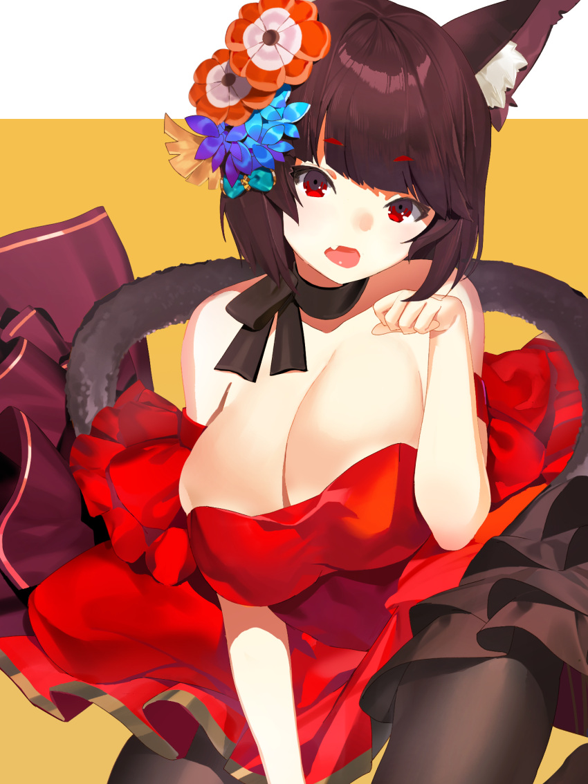 animal_ears azur_lane bare_shoulders black_hair black_legwear breasts cat_ears cat_tail cleavage dress eyebrows_visible_through_hair fang flower hair_flower hair_ornament highres j_na looking_at_viewer open_mouth pantyhose paw_pose red_dress red_eyes short_hair strapless strapless_dress tail yamashiro_(azur_lane)
