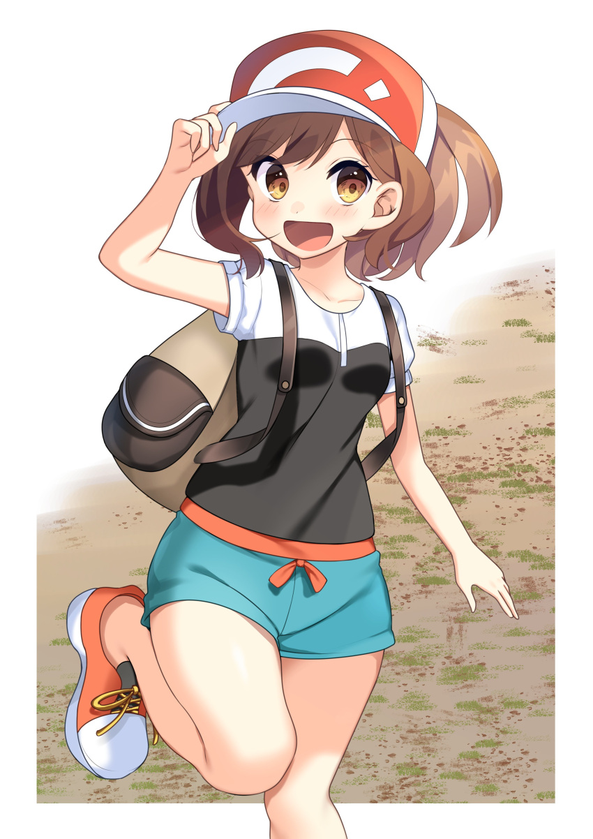 1girl :d absurdres backpack bag blue_shorts blush breasts brown_eyes collarbone creatures_(company) eyebrows_visible_through_hair game_freak hat highres leg_up looking_at_viewer nintendo open_mouth peaked_cap pokemon print_hat red_hat ribbon shirt shoes short_hair short_shorts short_sleeves shorts small_breasts smile sneakers solo standing standing_on_one_leg yellow_ribbon yuihiko