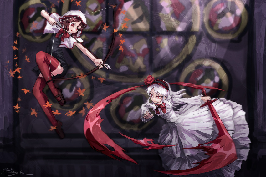 2girls arrow black_dress bow bow_(weapon) bowtie brown_hair capelet commentary_request dress fennel_(momodora) fighting frilled_hairband frills hairband hood hooded_capelet kaho_(momodora) leaf long_hair looking_at_another maple_leaf momodora:_reverie_under_the_moonlight motion_blur multiple_girls ray-k red_eyes red_legwear short_hair signature sword thigh-highs uneven_eyes weapon white_capelet white_dress white_hair