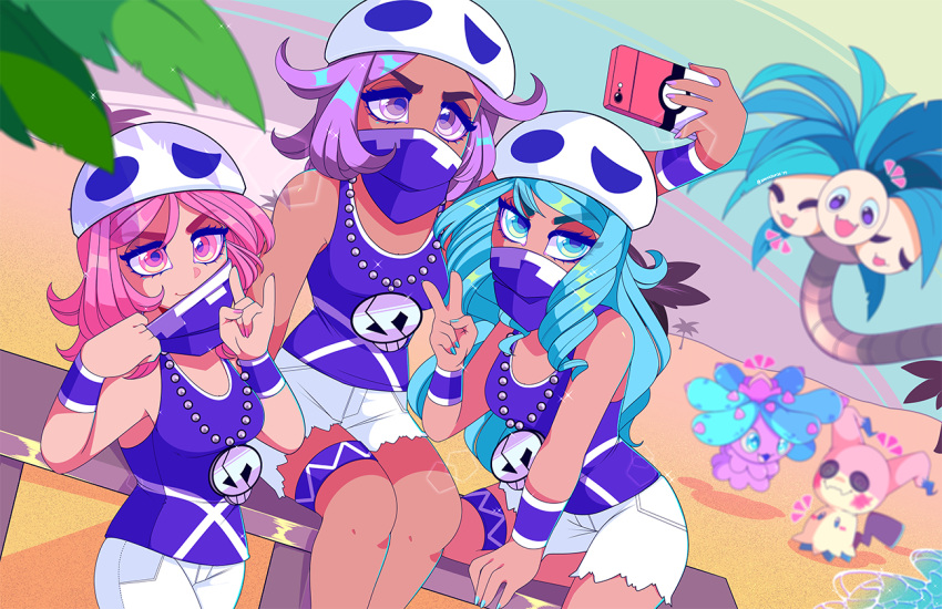 3girls \n/ aqua_eyes aqua_hair aqua_nails bandanna breasts cellphone covered_mouth cowboy_shot creatures_(company) exeggutor eyebrows_visible_through_hair eyes_visible_through_hair feet_out_of_frame game_freak gen_1_pokemon gen_7_pokemon hat jewelry long_hair mareanie medium_hair mimikyu multiple_girls nail_polish necklace nintendo outdoors phone pink_eyes pink_hair pink_nails poke_ball_theme pokemon pulled_by_self purple_hair purple_nails queen_ashi self_shot shorts sitting sleeveless smartphone smartphone_case smile tank_top team_skull_grunt torn_clothes torn_shorts v violet_eyes white_shorts