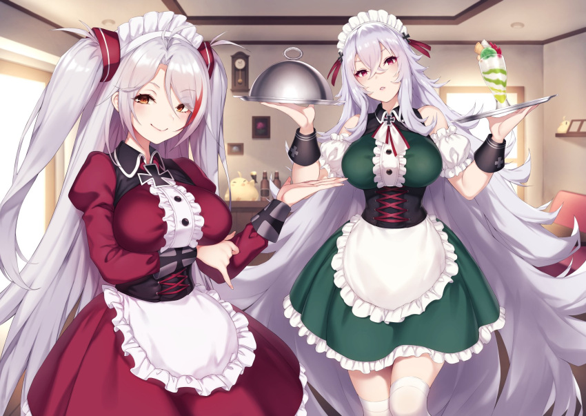 2girls absurdly_long_hair antenna_hair apron azur_lane bangs bare_shoulders blush bottle breasts clock closed_mouth corset crossed_bangs detached_sleeves dress eyebrows_visible_through_hair eyes_visible_through_hair graf_zeppelin_(azur_lane) green_dress hair_between_eyes highres indoors iron_cross large_breasts long_hair looking_at_viewer maid maid_apron maid_headdress multicolored_hair multiple_girls orange_eyes parted_lips pink_eyes pokachu prinz_eugen_(azur_lane) puffy_sleeves red_dress redhead short_sleeves silver_hair smile streaked_hair swept_bangs thigh-highs two_side_up very_long_hair waist_apron white_apron white_legwear window wrist_cuffs