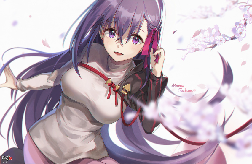 1girl bangs blush breasts character_name cherry_blossoms fate/stay_night fate_(series) floating_hair hair_between_eyes hair_ribbon hand_up highres kyjsogom large_breasts long_hair long_sleeves looking_at_viewer matou_sakura open_mouth pink_skirt purple_hair red_ribbon ribbon shrug_(clothing) sidelocks skirt smile solo sweater turtleneck turtleneck_sweater violet_eyes white_sweater wind