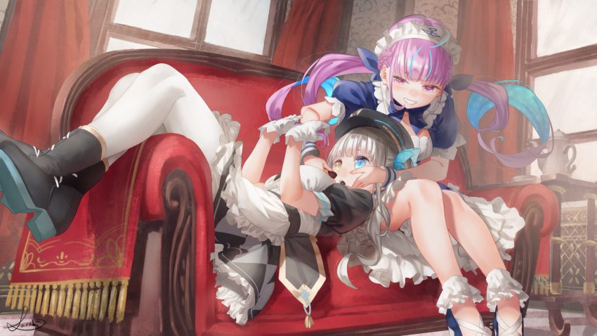 2girls anchor_symbol apron black_footwear black_skirt blue_dress blue_eyes blue_footwear blue_hair blush boots breasts chocolate chocolate_heart commentary_request couch curtains dress feeding food frilled_apron frills gloves grin half-closed_eyes hands_up heart heterochromia highres holding holding_food indoors kagura_mea kagura_mea_channel long_hair lying medium_breasts minato_aqua multicolored_hair multiple_girls on_back on_couch pantyhose pink_eyes pink_hair puffy_short_sleeves puffy_sleeves saraki shirt shoe_soles shoes short_sleeves silver_hair sitting skirt smile twintails two-tone_hair virtual_youtuber waist_apron white_apron white_gloves white_legwear white_shirt window yellow_eyes