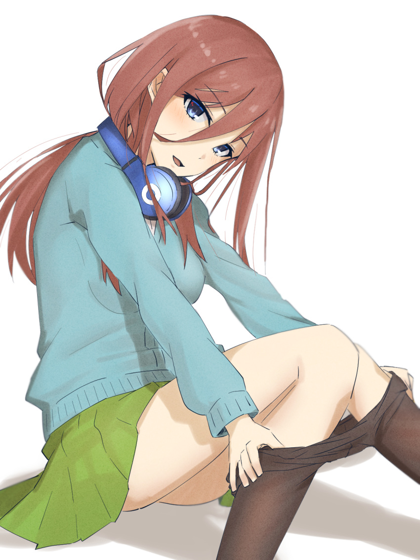 1girl bangs blue_cardigan blue_eyes breasts brown_hair cardigan commentary_request elfenlied22 eyebrows_visible_through_hair feet_out_of_frame go-toubun_no_hanayome green_skirt hair_between_eyes headphones headphones_around_neck highres legs long_sleeves looking_at_viewer medium_breasts medium_hair nakano_miku open_mouth pantyhose shirt sitting skirt solo thighs undressing white_background white_shirt