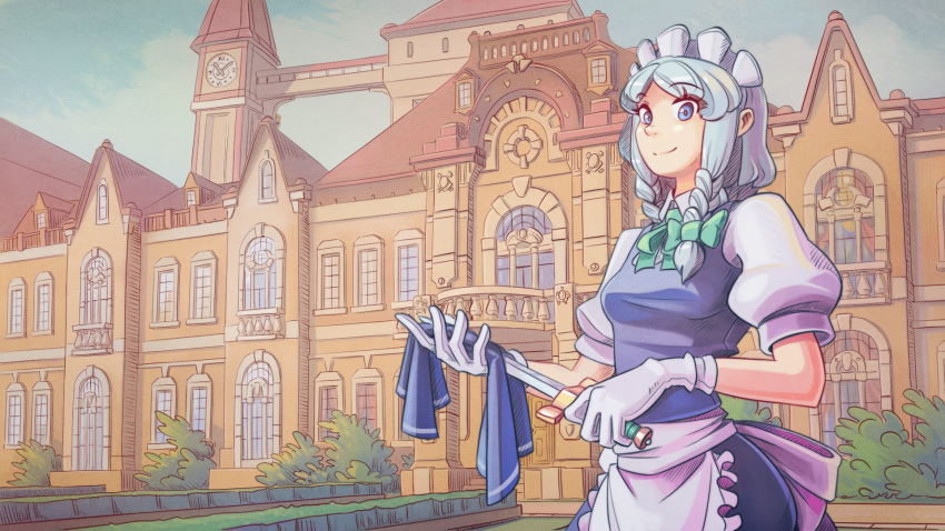 1girl acrylic_paint_(medium) apron architecture balcony bangs blue_eyes blue_skirt blue_sky blue_vest braid breasts bridge clock clock_tower cloth clouds curtains day eyebrows_visible_through_hair gloves green_ribbon hair_ribbon highres holding holding_cloth holding_knife izayoi_sakuya knife looking_at_viewer maid_headdress neck_ribbon outdoors parted_bangs planter puffy_short_sleeves puffy_sleeves ribbon scarlet_devil_mansion shirt short_hair short_sleeves silver_hair skirt sky small_breasts smile solo standing topiary touhou tower traditional_media tress_ribbon twin_braids u-joe upper_body vest waist_apron white_gloves white_shirt window wiping