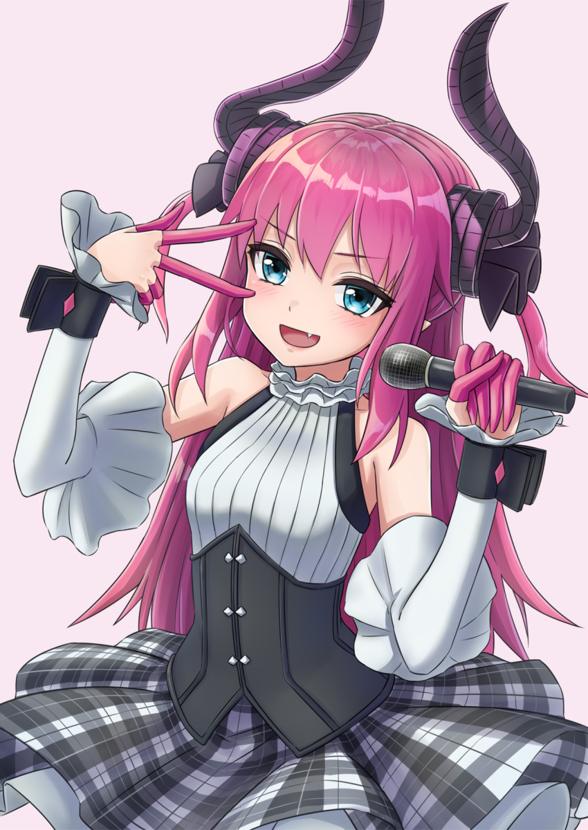 1girl bangs bare_shoulders black_ribbon blue_eyes blush breasts brown_background collarbone curled_horns detached_sleeves dragon_horns elizabeth_bathory_(fate) elizabeth_bathory_(fate)_(all) eyebrows_visible_through_hair fate/extra fate/extra_ccc fate_(series) grey_skirt hair_between_eyes hair_ribbon hands_up highres holding holding_microphone horns jd_(bibirijd) long_hair long_sleeves microphone pink_hair plaid plaid_skirt pleated_skirt ribbon shirt simple_background skirt sleeveless sleeveless_shirt small_breasts solo two_side_up underbust v_over_eye very_long_hair white_shirt white_sleeves