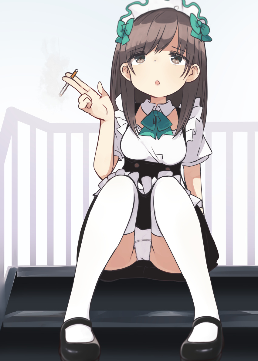 1girl absurdres brown_eyes brown_hair cigarette commentary highres long_hair maid maid_headdress mary_janes original outdoors pan_koujou panties pantyshot pantyshot_(sitting) shoes sitting smoking solo thigh-highs underwear white_panties
