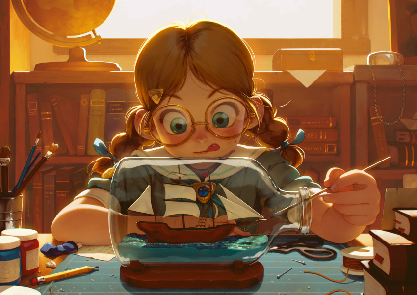 1girl :p alkemanubis bangs blue_eyes blush book book_stack bookshelf bottle braid brown_hair commentary concentrating day english_commentary facing_viewer full-face_blush glasses globe hair_ornament highres indoors loli long_hair low_twintails original paintbrush parted_bangs pencil pin round_eyewear sailor_collar school_uniform serafuku ship solo tongue tongue_out twin_braids twintails watercraft window