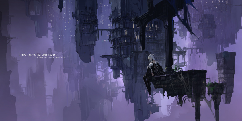 1girl arch artist_name bangs black_dress black_gloves black_legwear breasts brick_wall bridge building commentary copyright_name dress elbow_gloves floating gloves highres long_hair long_sleeves looking_at_viewer medium_breasts pixiv_fantasia pixiv_fantasia_last_saga plant scenery sitting solo swd3e2 thigh-highs white_hair wide_shot window