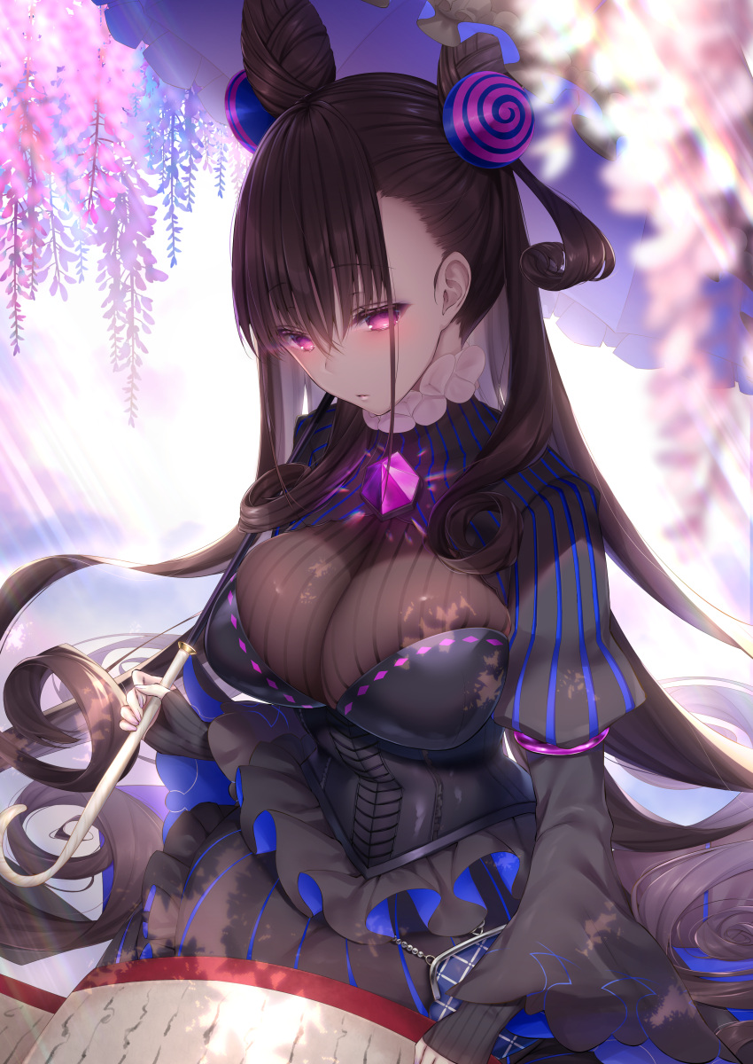 1girl absurdres bangs black_dress blush breasts brown_hair curly_hair double_bun dress eyebrows_visible_through_hair fate/grand_order fate_(series) fingerless_gloves frills gloves glowing glowing_eyes hair_between_eyes hair_ornament highres holding holding_umbrella jiiwara large_breasts long_hair long_sleeves looking_at_viewer murasaki_shikibu_(fate) parted_lips puffy_sleeves sitting sleeves_past_wrists solo sunlight two_side_up umbrella very_long_hair violet_eyes