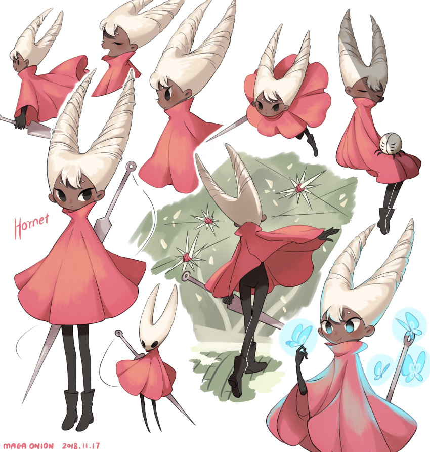 1girl absurdres bodysuit boots bug butterfly cloak dark_skin glowing_butterfly highres hollow_knight hornet_(hollow_knight) humanization insect looking_at_viewer looking_to_the_side maga_(comicfans100) multiple_views needle red_cloak sleeping smile traditional_media watercolor_(medium) white_hair