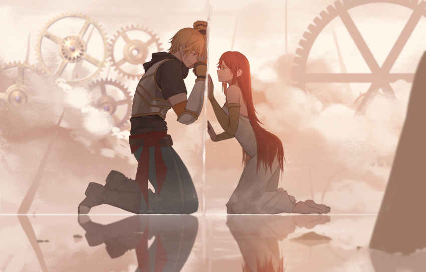 1boy 1girl absurdres barefoot black_shirt blonde_hair blue_pants bridal_gauntlets brown_sleeves clenched_teeth crying crying_with_eyes_open detached_sleeves dishwasher1910 dress eye_contact from_side gears highres jaune_arc kneeling long_dress long_hair long_sleeves looking_at_another pants pyrrha_nikos redhead rwby shirt short_sleeves sleeveless sleeveless_dress smile tears teeth very_long_hair white_dress
