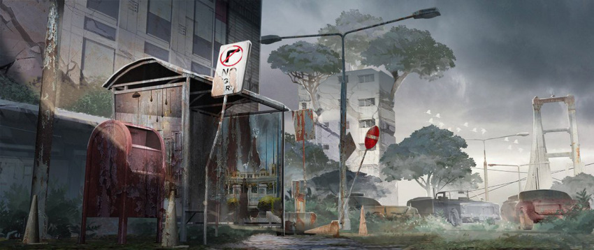 bird bridge building car city grass ground_vehicle jongmin lamppost motor_vehicle no_humans original overgrown post-apocalypse postbox_(outgoing_mail) road road_sign ruins scenery sign sky street tree