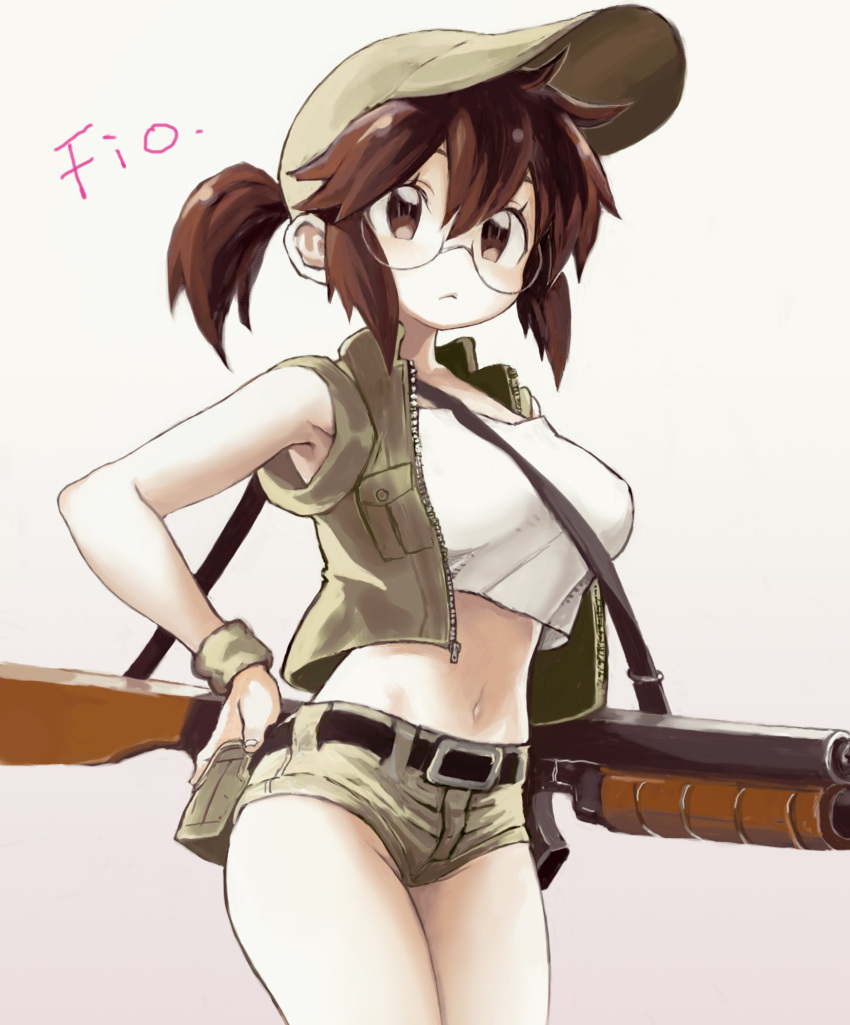 1girl brown_eyes brown_hair character_name fio_germi glasses gradient gradient_background gun highres hiro1984 looking_at_viewer metal_slug midriff navel rifle short_ponytail short_shorts shorts sling_(weapon) solo weapon wristband