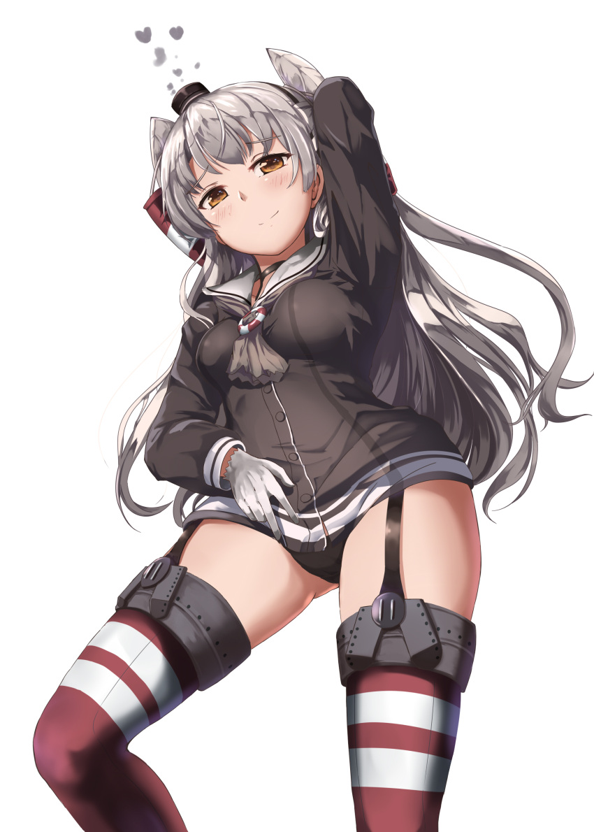 1girl absurdres amatsukaze_(kantai_collection) black_panties breasts brown_dress brown_eyes butter_curry dress eyebrows_visible_through_hair garter_straps gloves hair_tubes hat heart highres kantai_collection long_hair medium_breasts mini_hat panties red_legwear sailor_dress short_dress silver_hair simple_background single_glove solo striped striped_legwear thigh-highs thighs two_side_up underwear white_background white_gloves windsock